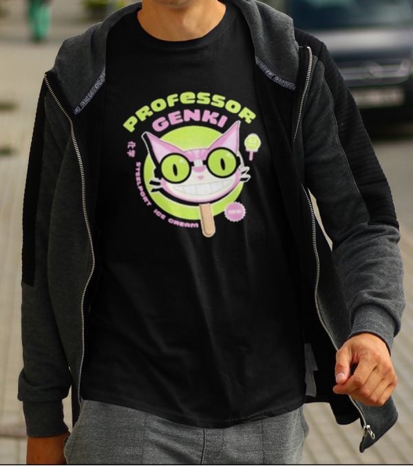 Professor Genki Steelport Ice Cream Cat Neon Green Pink Fun T-Shirt