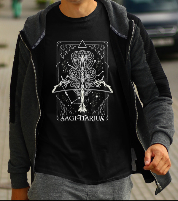 Sagittarius Zodiac Card With Astrological Floral Symbol And Star Constellation T-Shirt