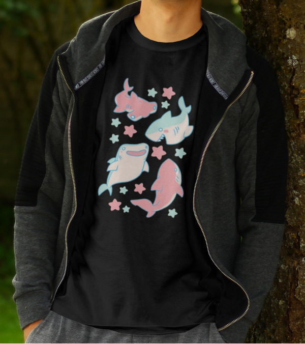 Happy Cartoon Sharks And Stars T-Shirt