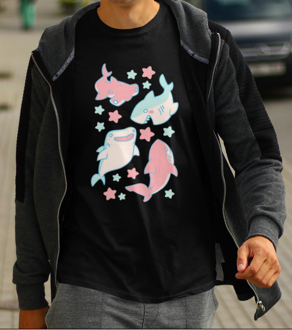 Happy Cartoon Sharks And Stars T-Shirt