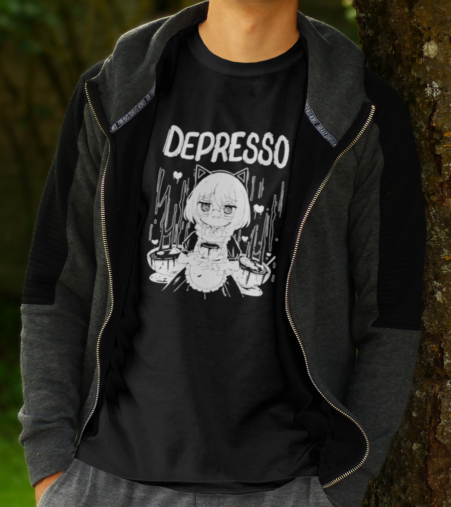 Depresso Cat-Eared Maid With Coffee Cups And Sad Expression T-Shirt