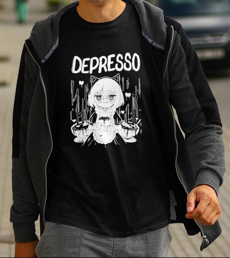 Depresso Cat-Eared Maid With Coffee Cups And Sad Expression T-Shirt