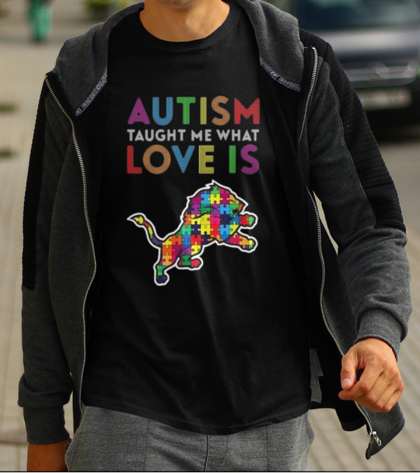Detroit Lions Autism Taught Me What Love Is Puzzle Lion T-Shirt
