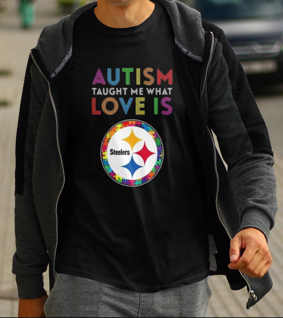 Autism Taught Me What Love Is Pittsburgh Steelers Puzzle T-Shirt