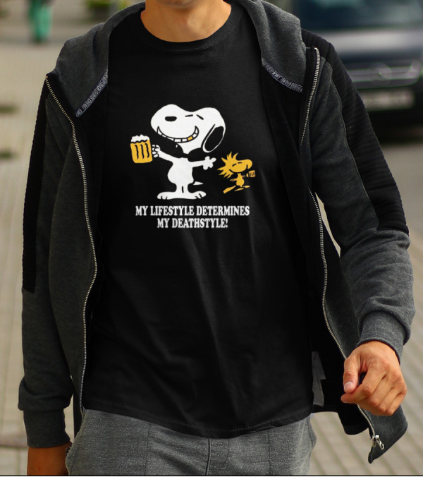 Snoopy And Woodstock Holding Beer My Lifestyle Determines My Deathstyle T-Shirt