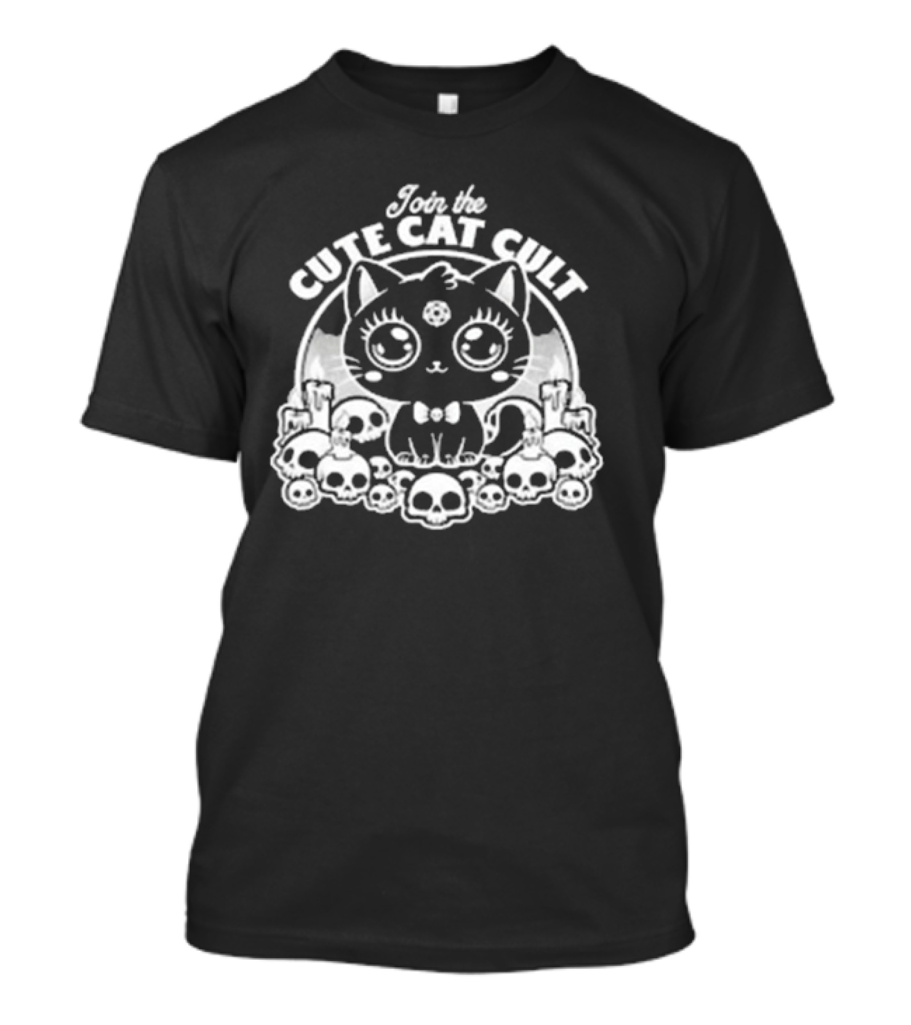 Join The Cute Cat Cult Black And White Skull Cat Surrounded By Skulls T-Shirt