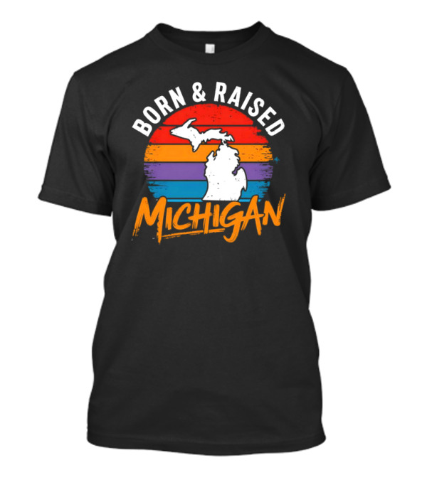 Born And Raised Michigan Vintage Sunset Map Stripes T-Shirt