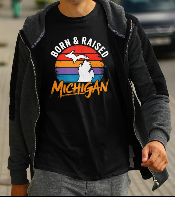 Born And Raised Michigan Vintage Sunset Map Stripes T-Shirt