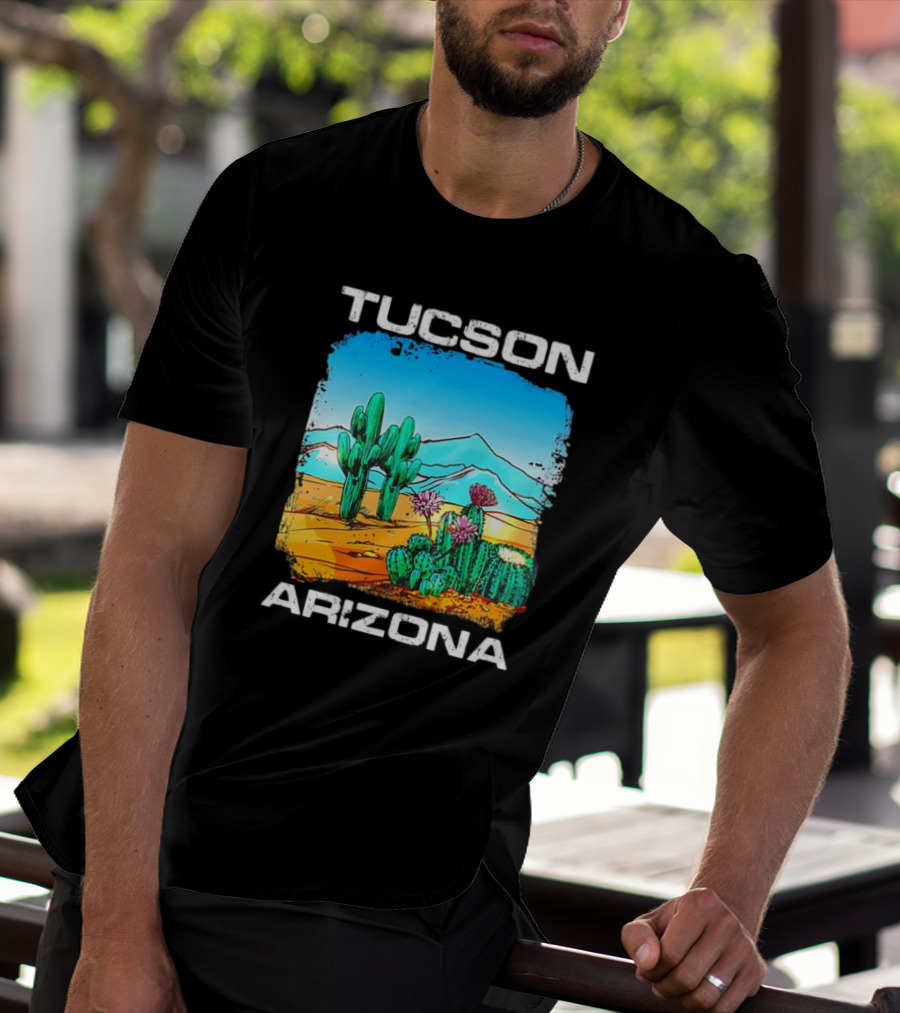 Tucson Arizona Retro Desert Scene With Cactus And Mountains T-Shirt