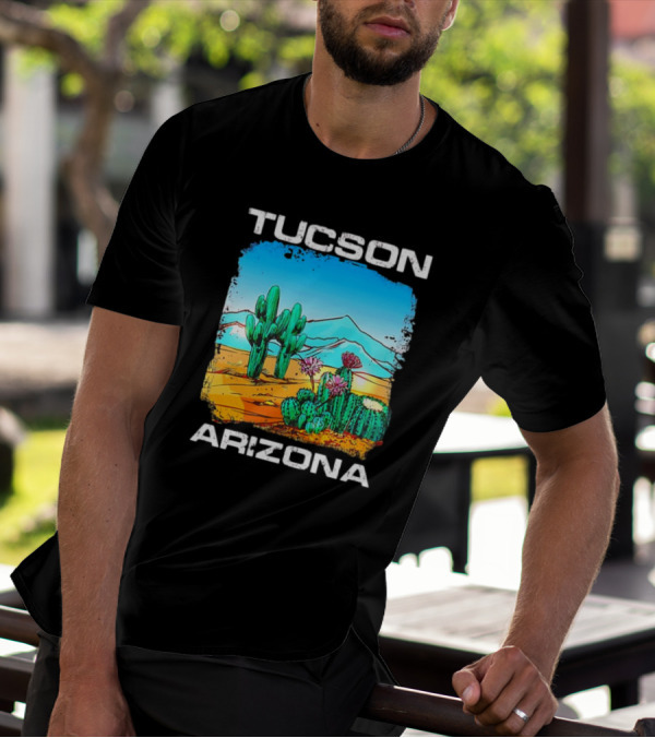 Tucson Arizona Retro Desert Scene With Cactus And Mountains T-Shirt