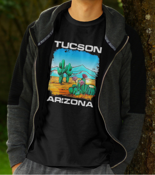 Tucson Arizona Retro Desert Scene With Cactus And Mountains T-Shirt