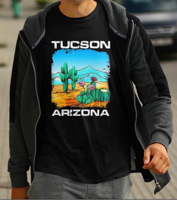 Tucson Arizona Retro Desert Scene With Cactus And Mountains T-Shirt