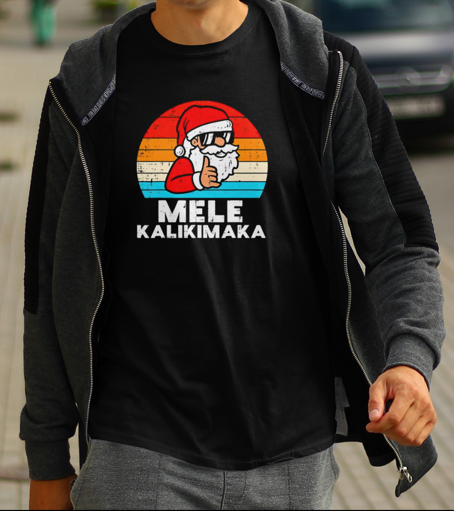 Santa Mele Kalikimaka Christmas Vintage Retro Sunset Thumbs Up T-Shirt