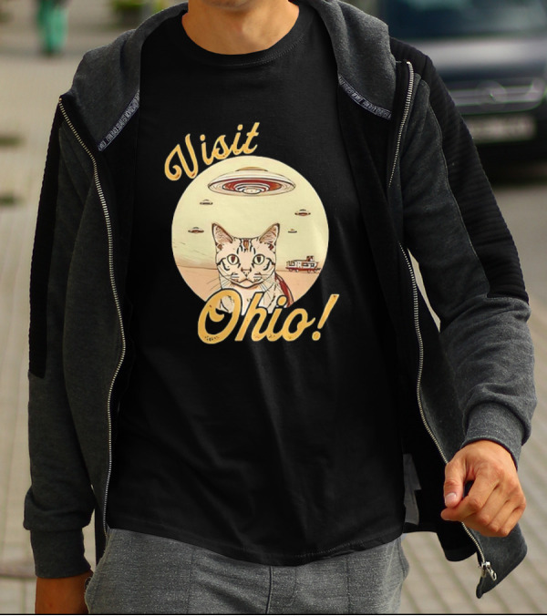 Visit Ohio Cat UFO Alien Spaceship Adventure T-Shirt