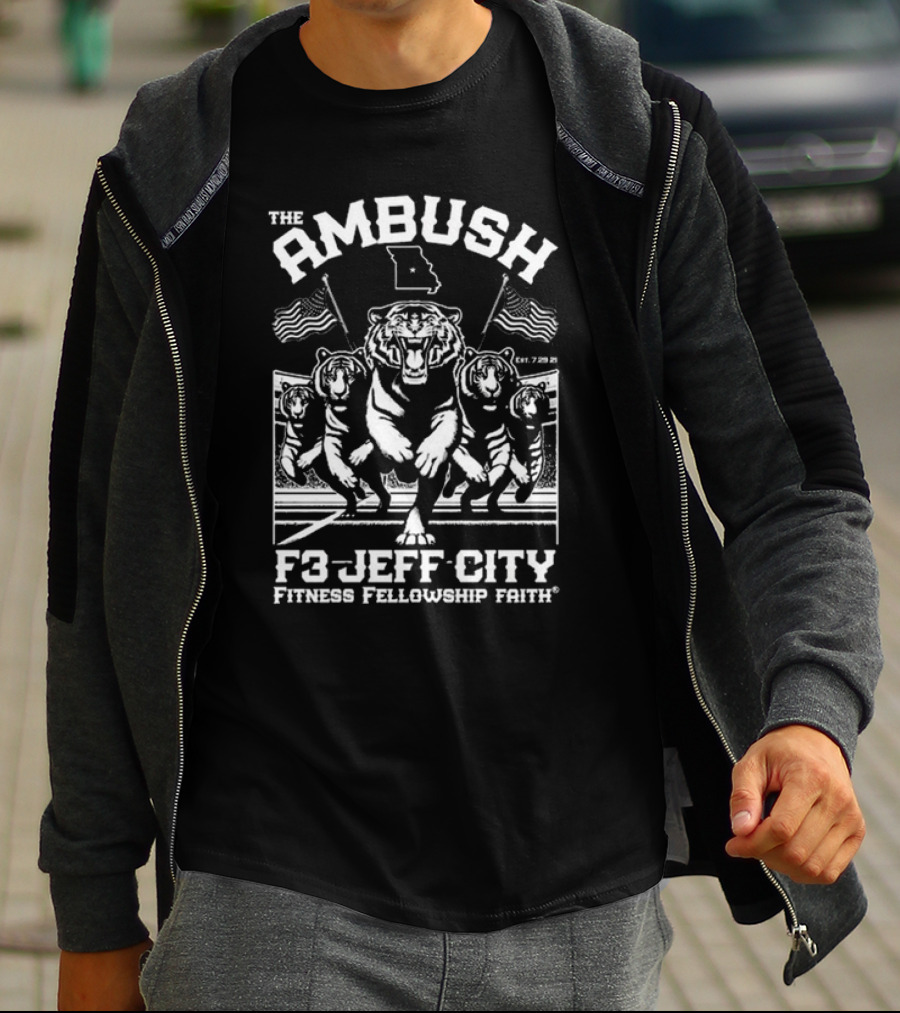 The Ambush F3 Jeff City Fitness Fellowship Faith Tiger Brigade T-Shirt