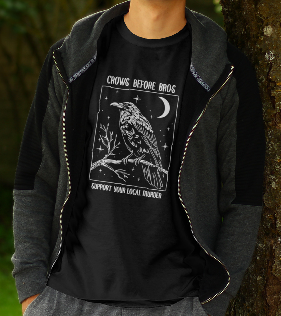 Crows Before Bros Support Your Local Murder Raven Moon Stars T-Shirt