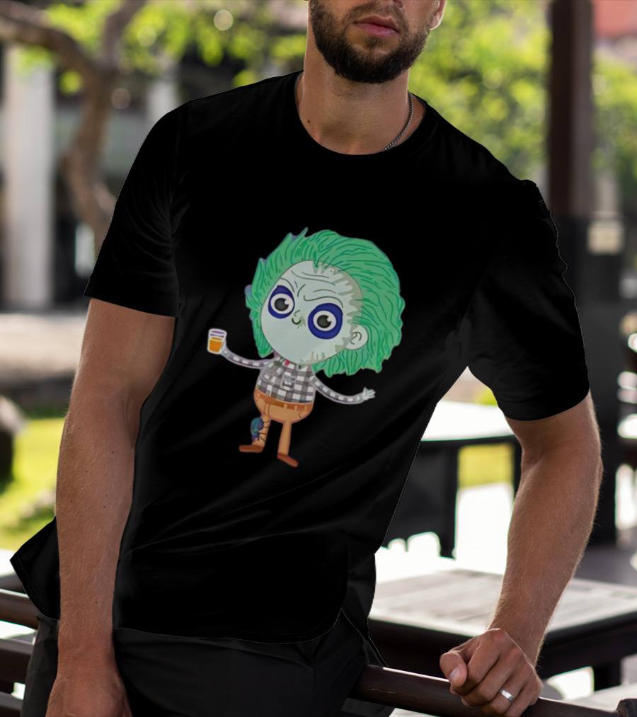 Beetlejuice Ghost Exorcist Cartoon Character With Drink T-Shirt