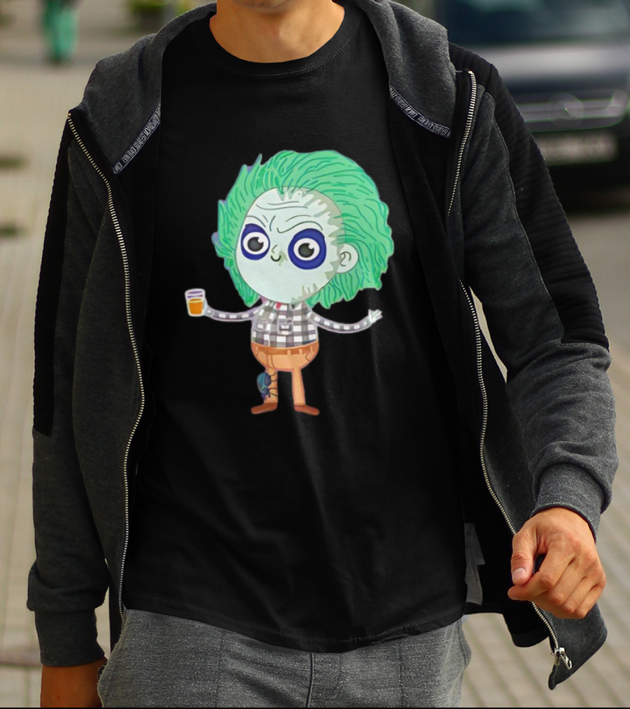Beetlejuice Ghost Exorcist Cartoon Character With Drink T-Shirt