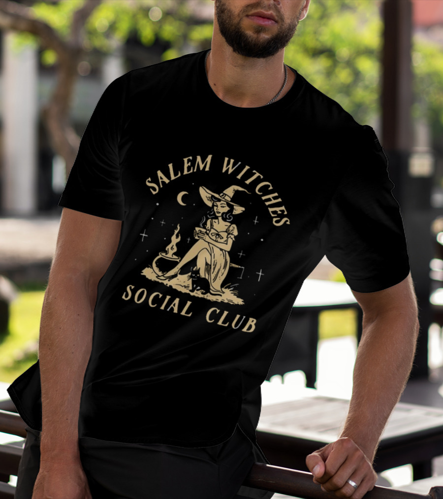 Salem Witches Social Club Moonlit Gathering With Cauldron And Cat T-Shirt