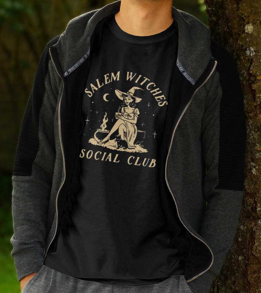 Salem Witches Social Club Moonlit Gathering With Cauldron And Cat T-Shirt