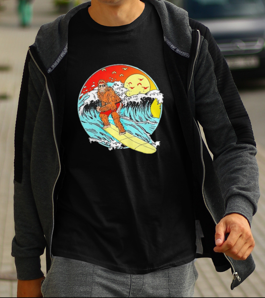 Bigfoot Surfing Sasquatch Retro 80s Beach Waves Sun Fun T-Shirt