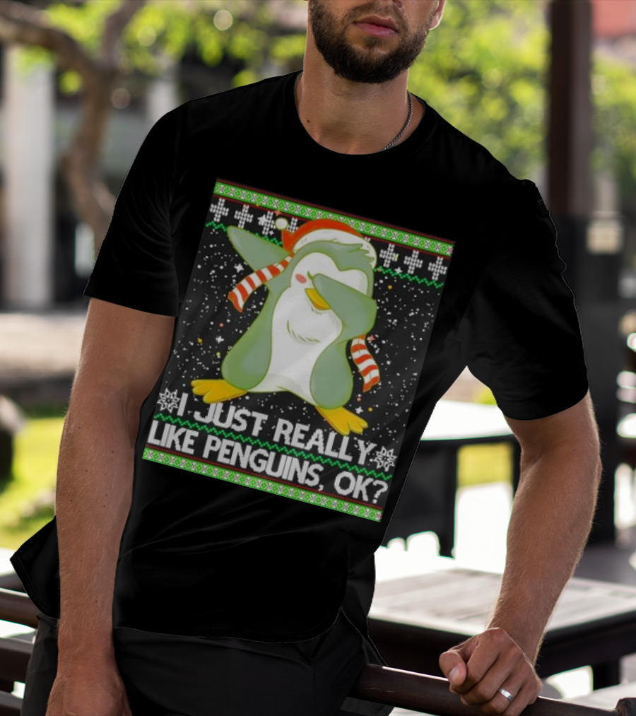 I Just Really Like Penguins Ok Ugly Christmas Cute Dabbing Penguin T-Shirt