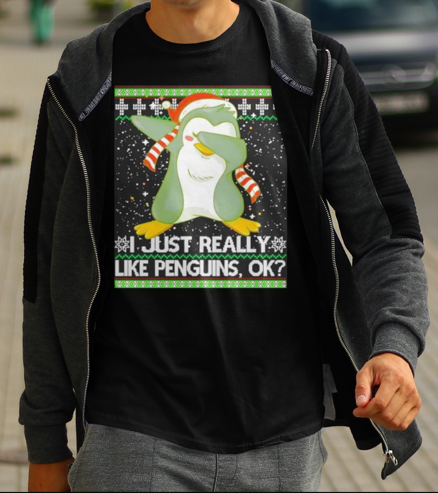 I Just Really Like Penguins Ok Ugly Christmas Cute Dabbing Penguin T-Shirt