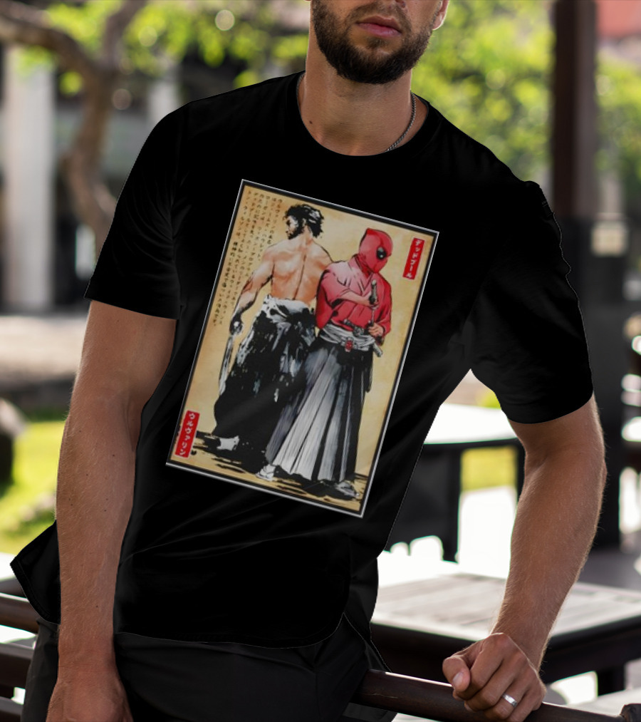 Mutant Samurai And Red Ronin Deadpool Wolverine Woodblock T-Shirt