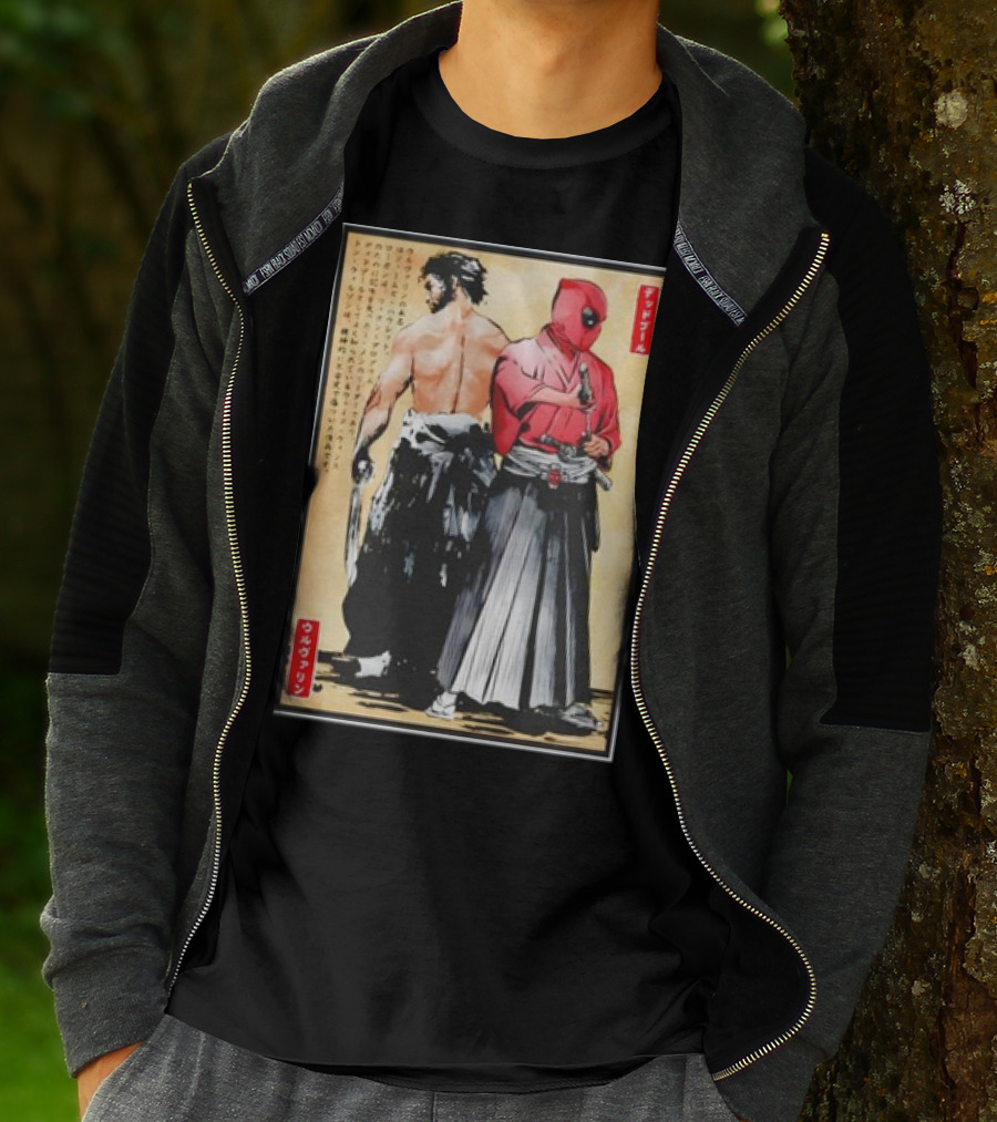 Mutant Samurai And Red Ronin Deadpool Wolverine Woodblock T-Shirt