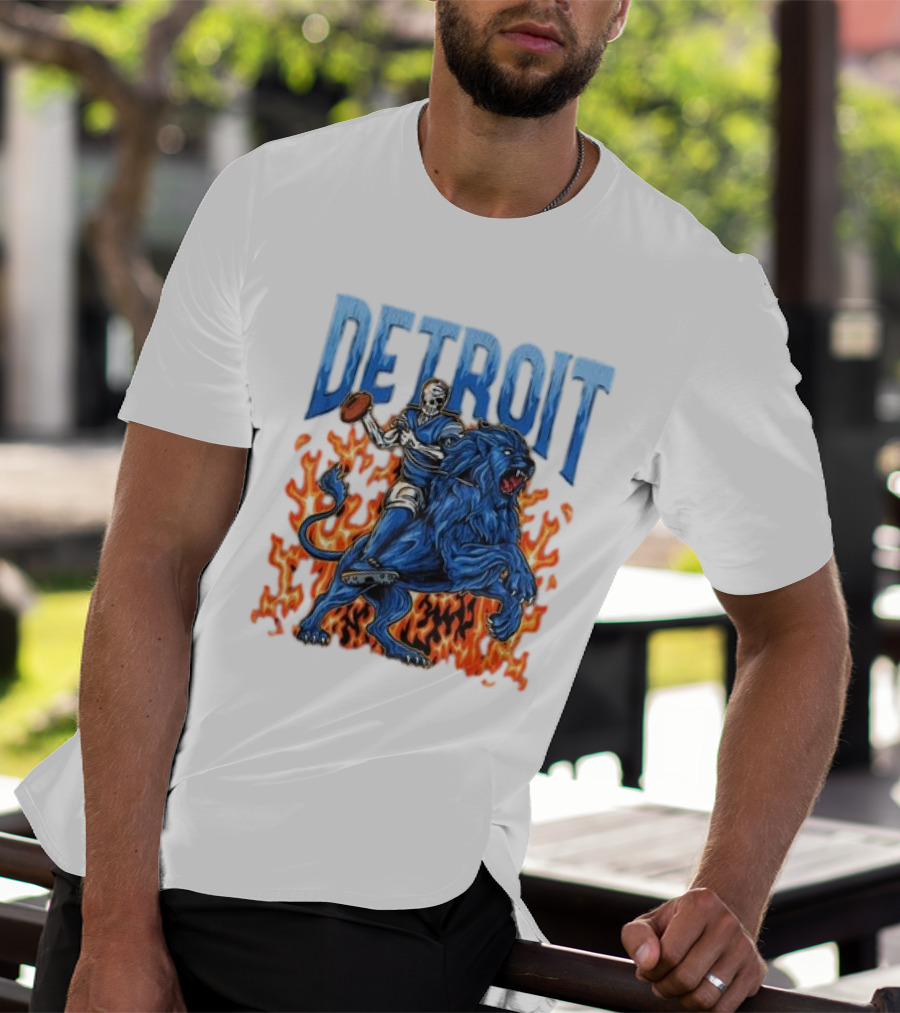 Detroit Lions Skeleton Quarterback Riding Flaming Blue Lion T-Shirt