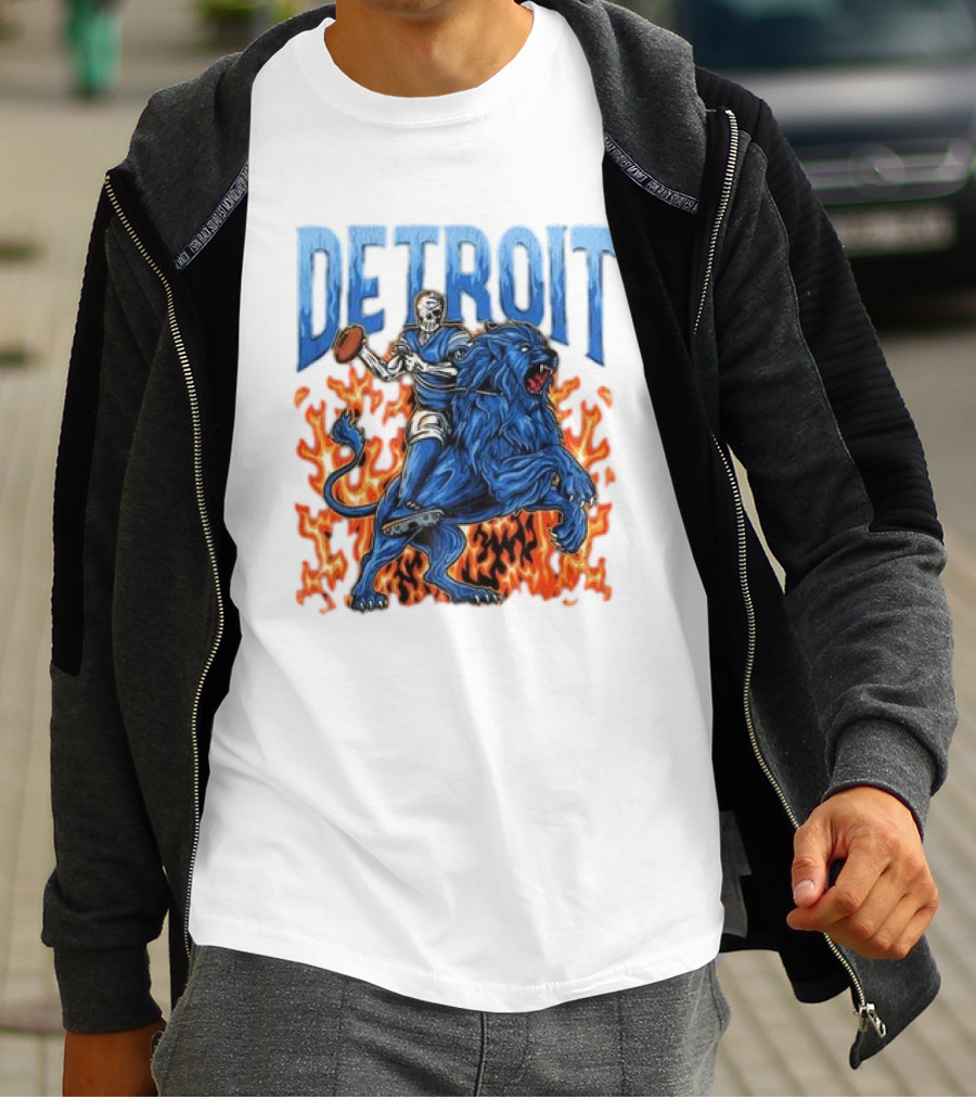 Detroit Lions Skeleton Quarterback Riding Flaming Blue Lion T-Shirt