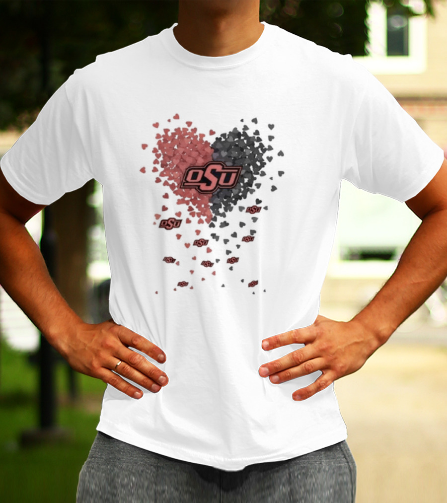 OSU Oklahoma State Cowboys Heart Design Filled With Red And Gray Hearts T-Shirt