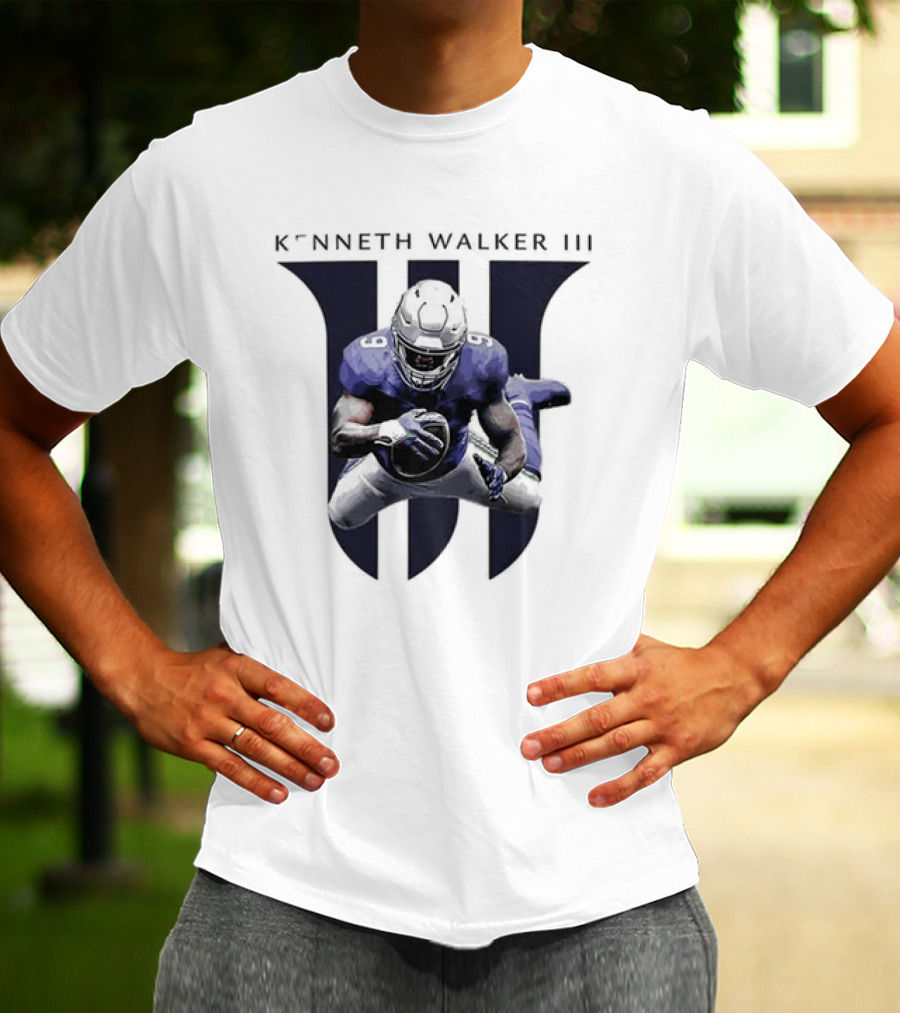 Kenneth Walker III Football Jump In Blue Uniform T-Shirt
