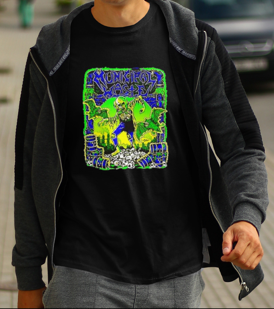 Municipal Waste Radioactive Creature With Toxic Barrels And Green Bats T-Shirt