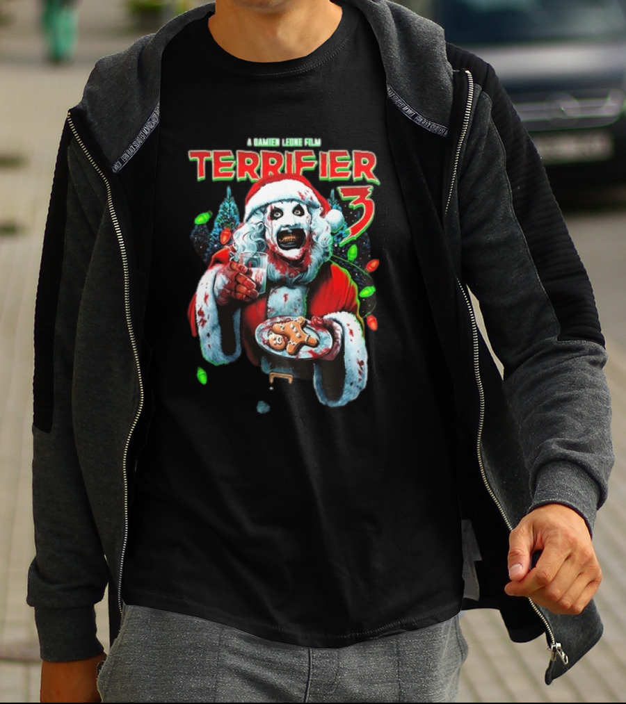 Terrifier 3 A Damien Leone Film Christmas With Milk And Carnage Santa Holding Gingerbread And Glass T-Shirt