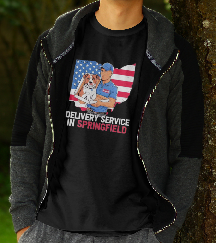 Delivery Service In Springfield USA Dog Parcel Ohio Flag Background T-Shirt