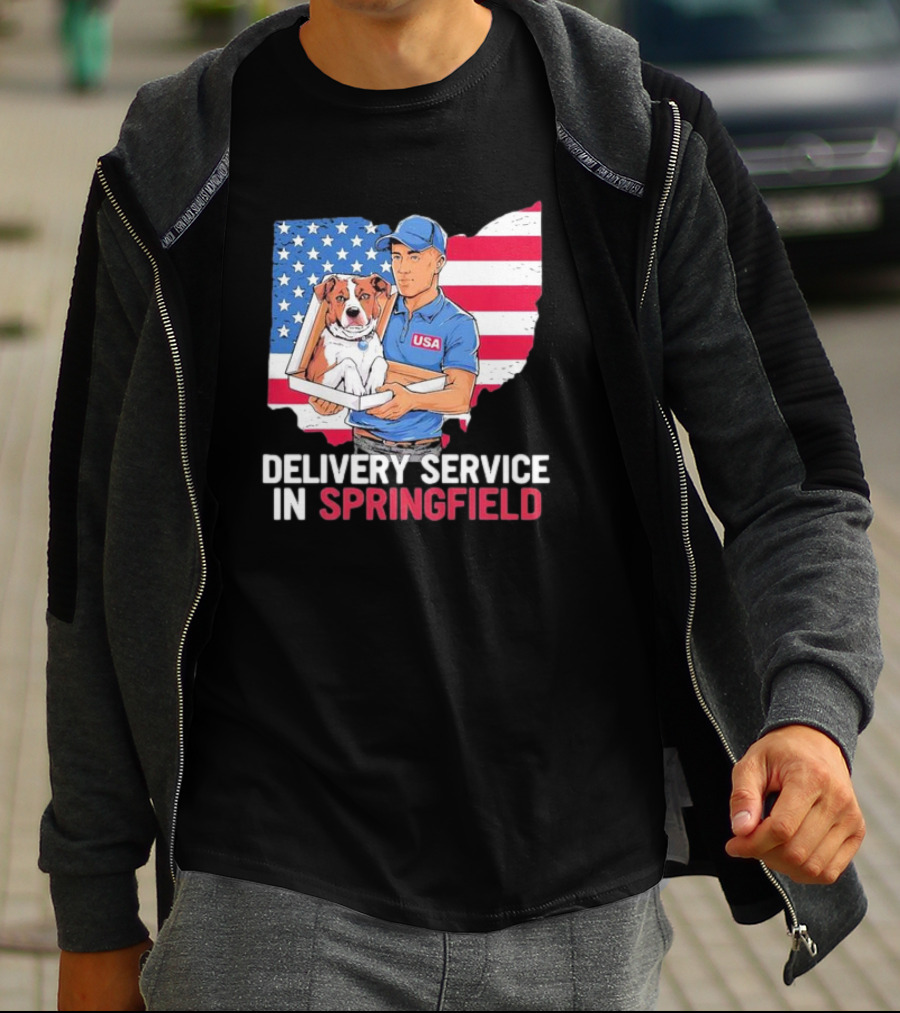 Delivery Service In Springfield USA Dog Parcel Ohio Flag Background T-Shirt