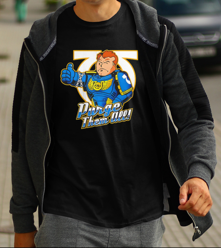 Demetrian Titus Warhammer 40K X Vault Boy Purge Them All Iconic Crossover Mashup T-Shirt