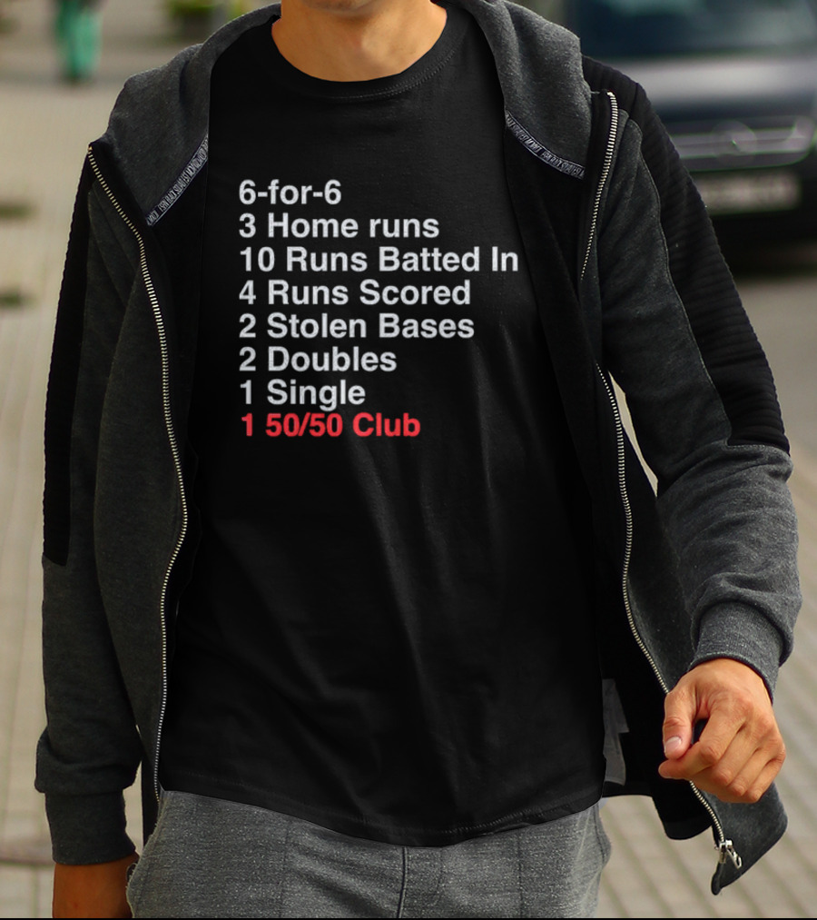 Shohei Ohtani 6-for-6 3 Home Runs 10 Runs Batted In 4 Runs Scored 2 Stolen Bases 2 Doubles 1 Single 50-50 Club T-Shirt