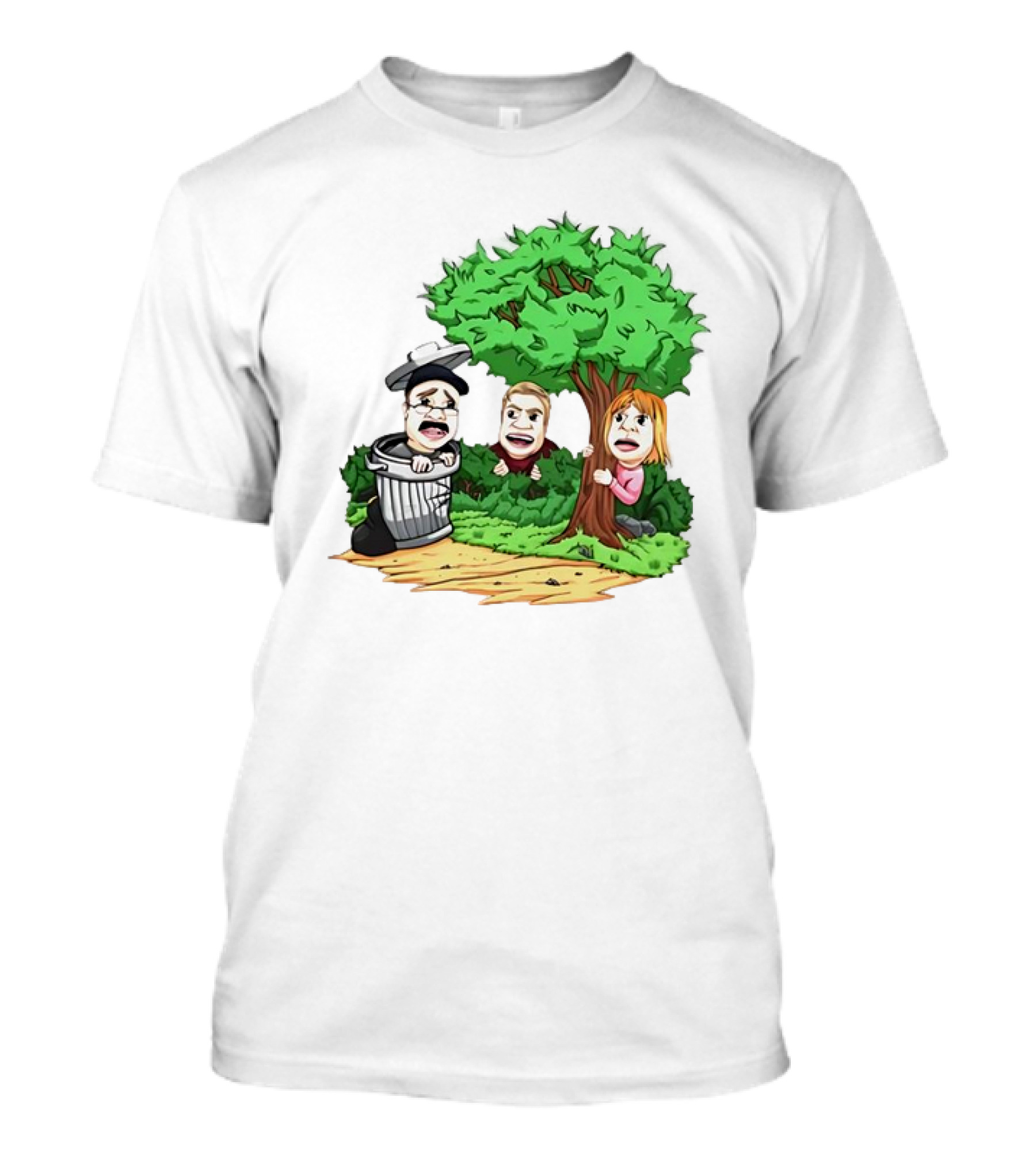Artem Potokin Little Me Cartoon Characters Hiding Behind Tree And Trash Can T-Shirt