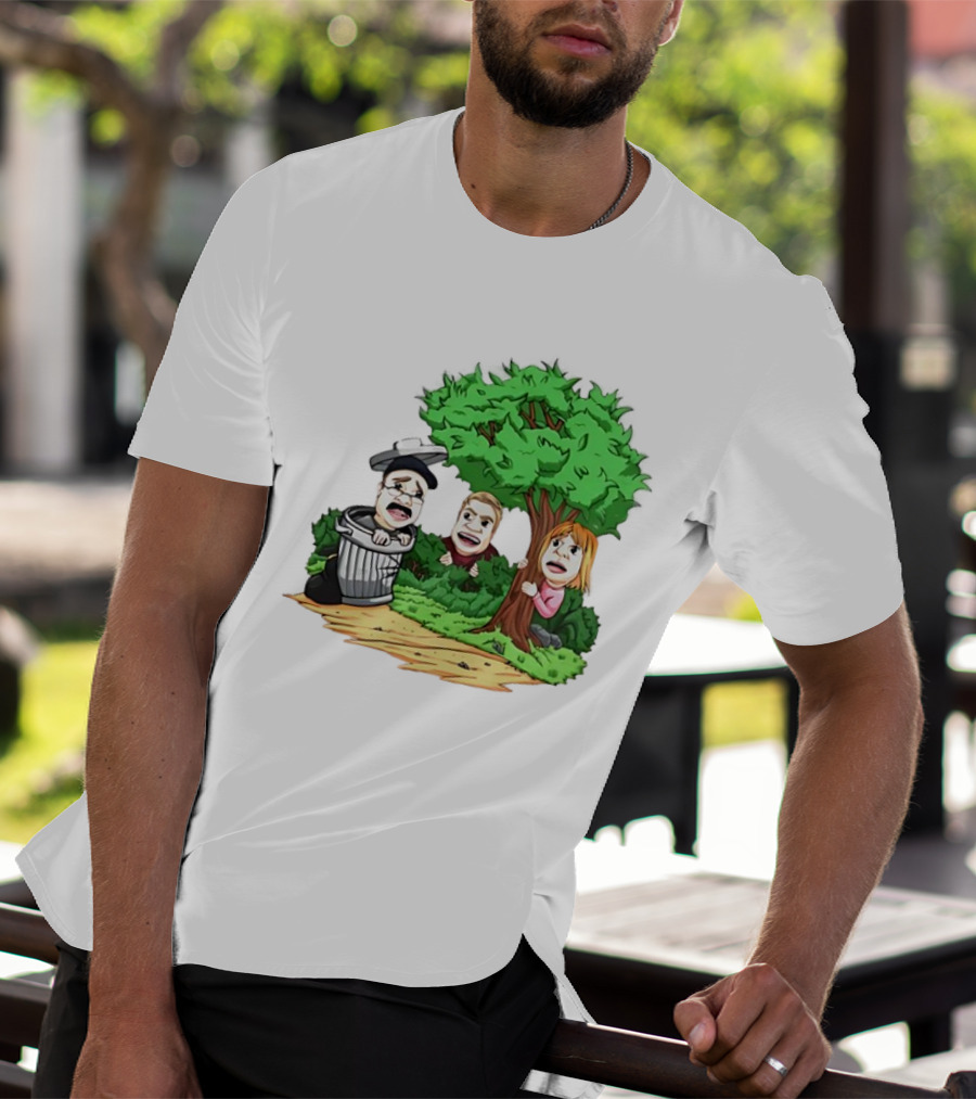 Artem Potokin Little Me Cartoon Characters Hiding Behind Tree And Trash Can T-Shirt