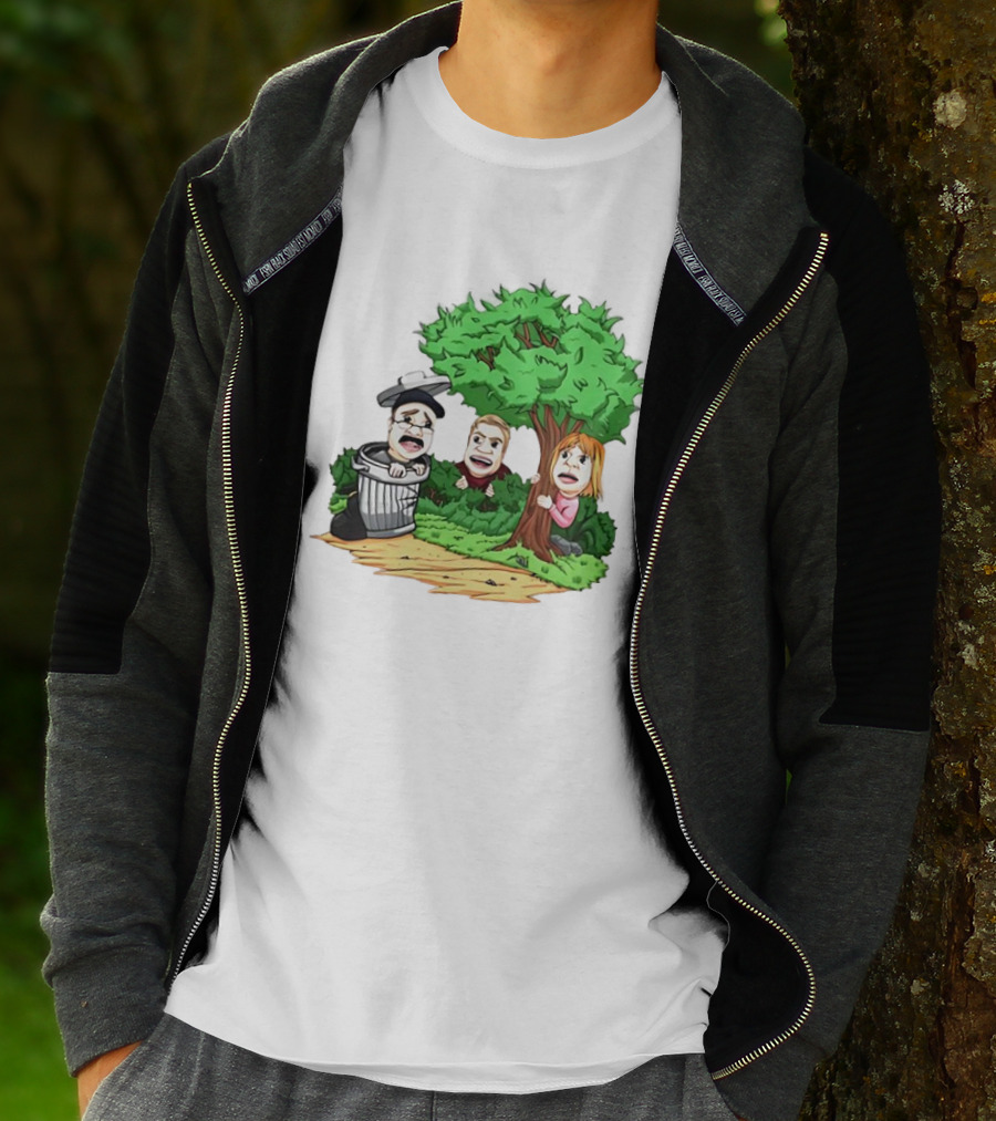 Artem Potokin Little Me Cartoon Characters Hiding Behind Tree And Trash Can T-Shirt