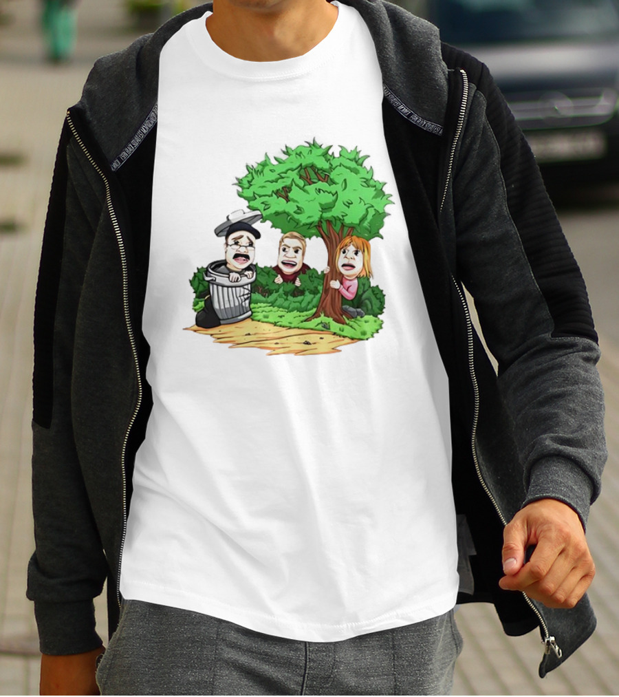 Artem Potokin Little Me Cartoon Characters Hiding Behind Tree And Trash Can T-Shirt