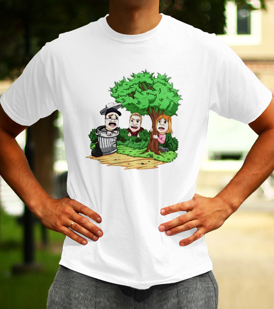 Artem Potokin Little Me Cartoon Characters Hiding Behind Tree And Trash Can T-Shirt