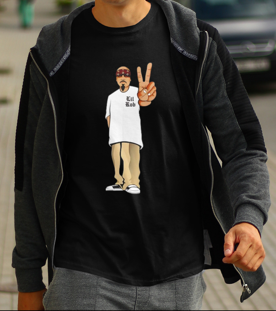Lil Rob Peace Gesture Cartoon Character With Headband And Bearded T-Shirt
