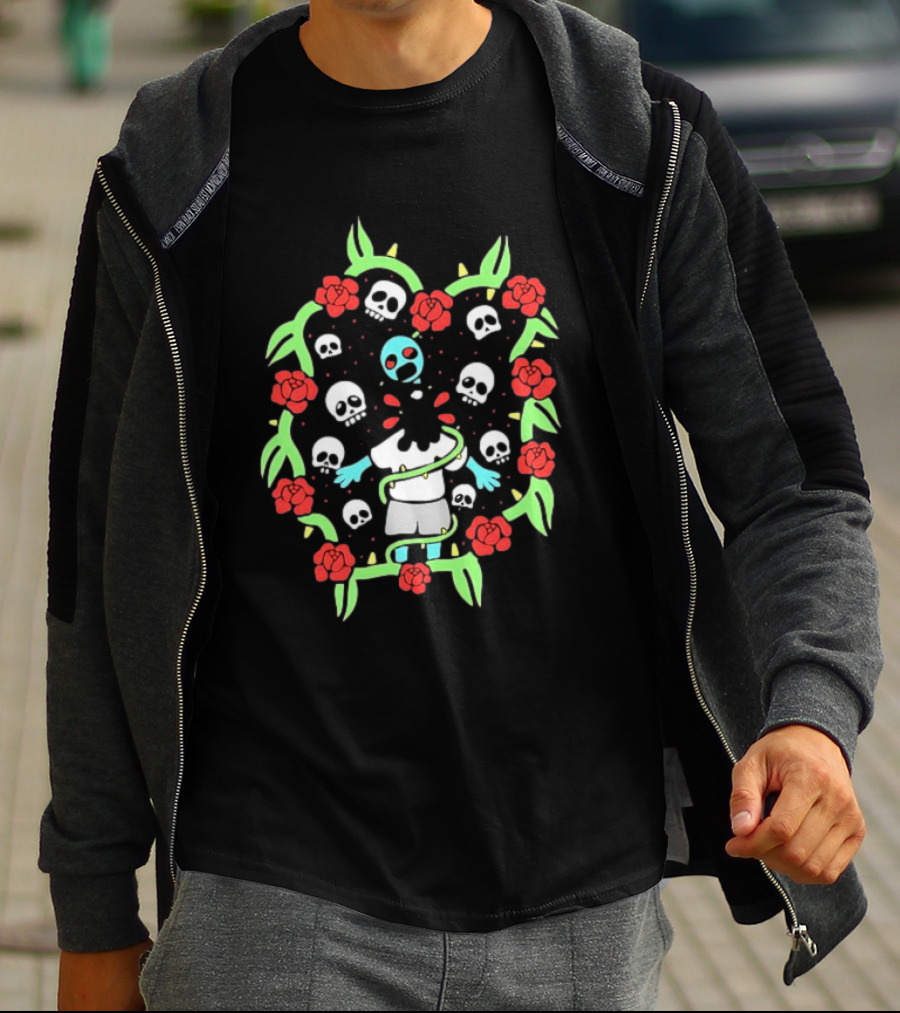Zombie Surrounded By Roses And Skulls T-Shirt