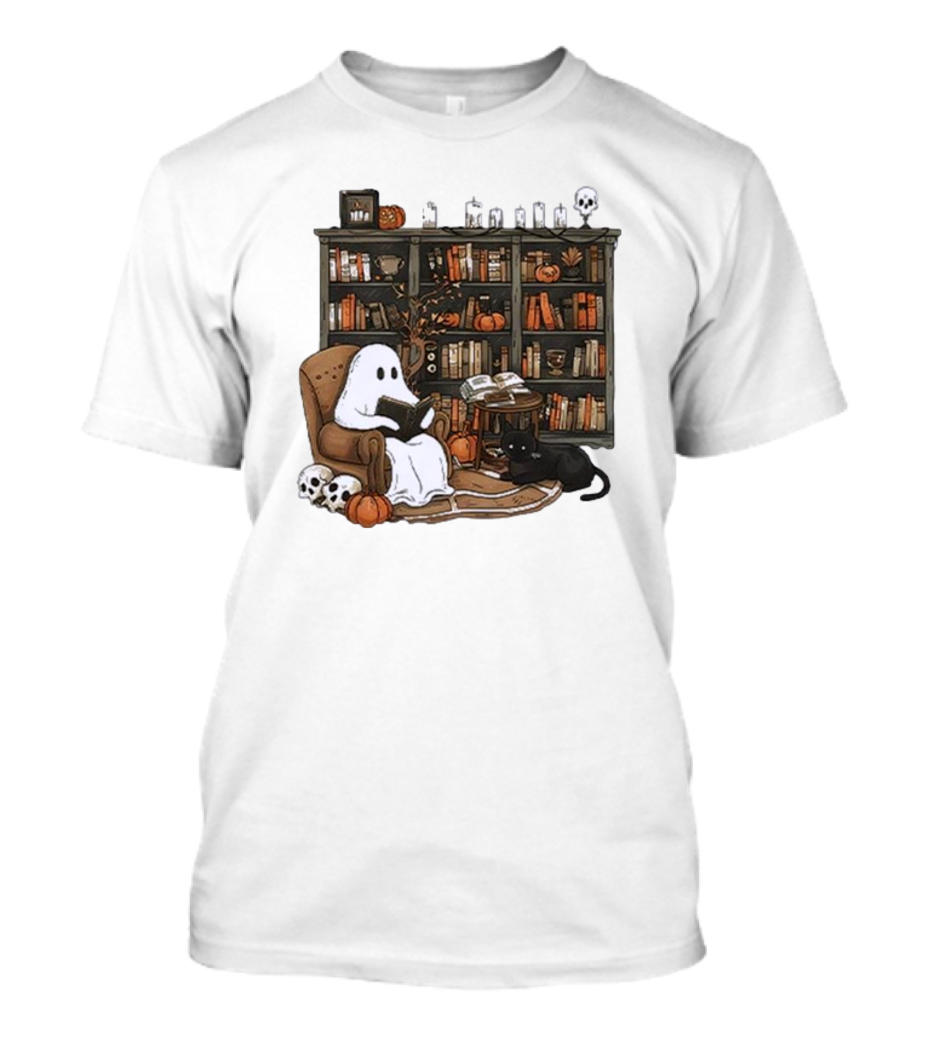 Retro Ghost Reading Books Skeletons Pumpkins Black Cat Library T-Shirt