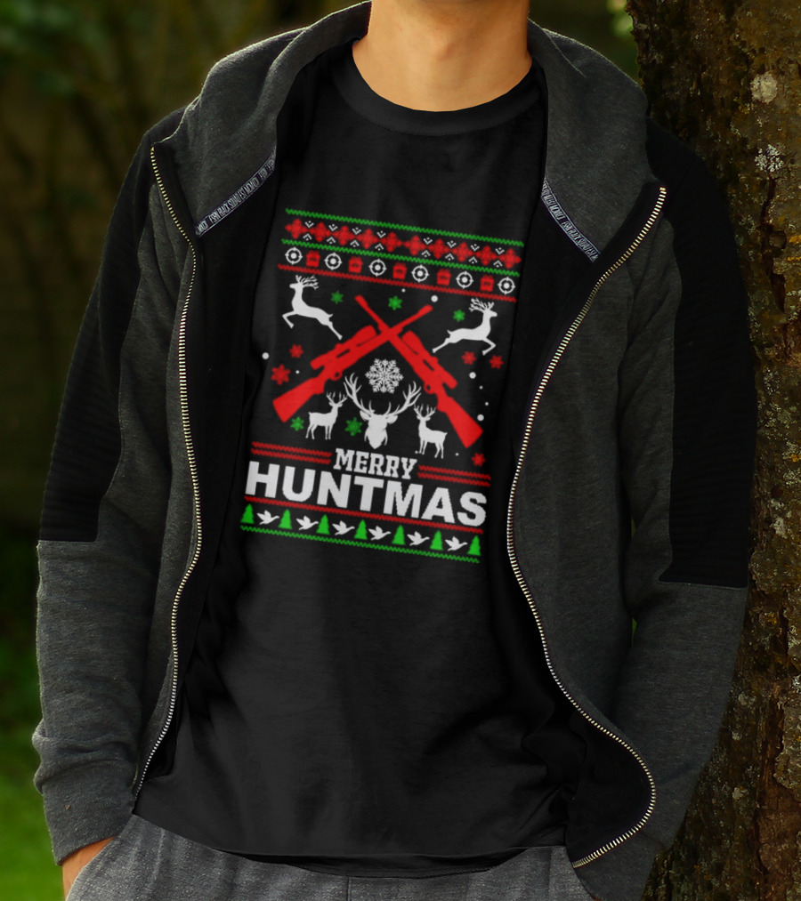 Merry Huntmas Christmas Reindeer Guns And Antlers Holiday T-Shirt