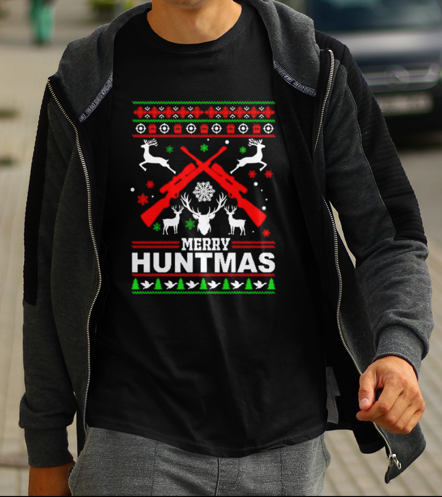 Merry Huntmas Christmas Reindeer Guns And Antlers Holiday T-Shirt