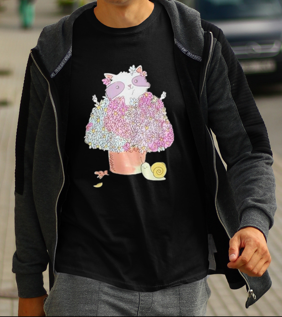 Raccoon In Floral Pot With Snail And Blossoms T-Shirt